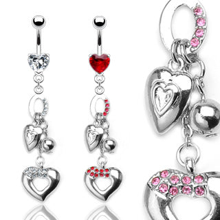 Prong Set Heart Gem Navel Belly Ring with Multi Charmed Dangle