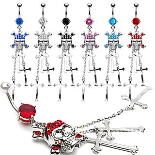 Belly Ring with CZ Gem Skull and Cross Dangle