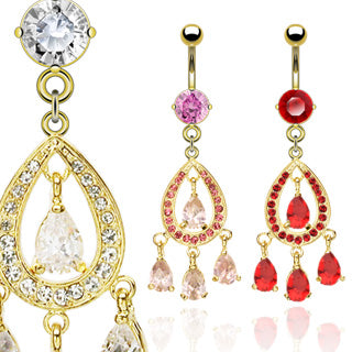 Gold Plated Chandelier Navel Ring with 4 Tear Drop Dangle