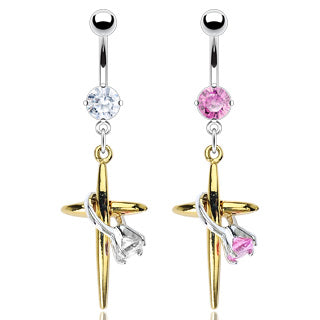 Gold Plated Cross and Mini Engagement Ring Belly Dangle