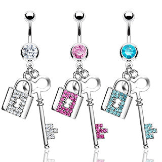 Navel Belly Ring with Gem Lock and Key Dangle
