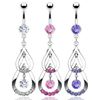 Belly Ring with Gem Double Drop and CZ Dangle Prong Set Gem