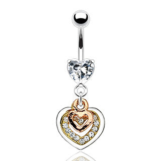 Body Jewelry Belly Ring with Prong Set Gem with Triple Tone Gem Pave Heart Design