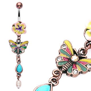 Vintage Fimo Flower Butterfly Navel Ring Dangle Body Jewelry